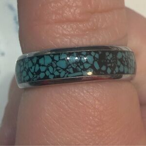Crushed turquoise inlay silver tungsten carbide ring, size women’s 7